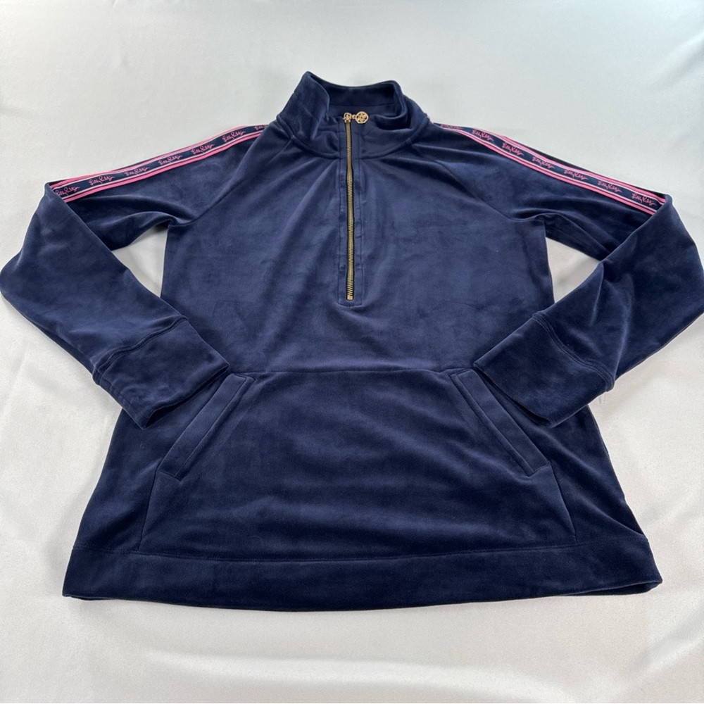 Lilly Pulitzer 1/4 Zip Pullover Womens Small Blue & Pink Velour Skipper Popover